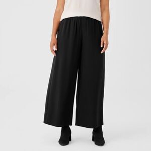 Eileen Fisher Elasticized Waist Silk Cropped Wide Leg Pants in Black